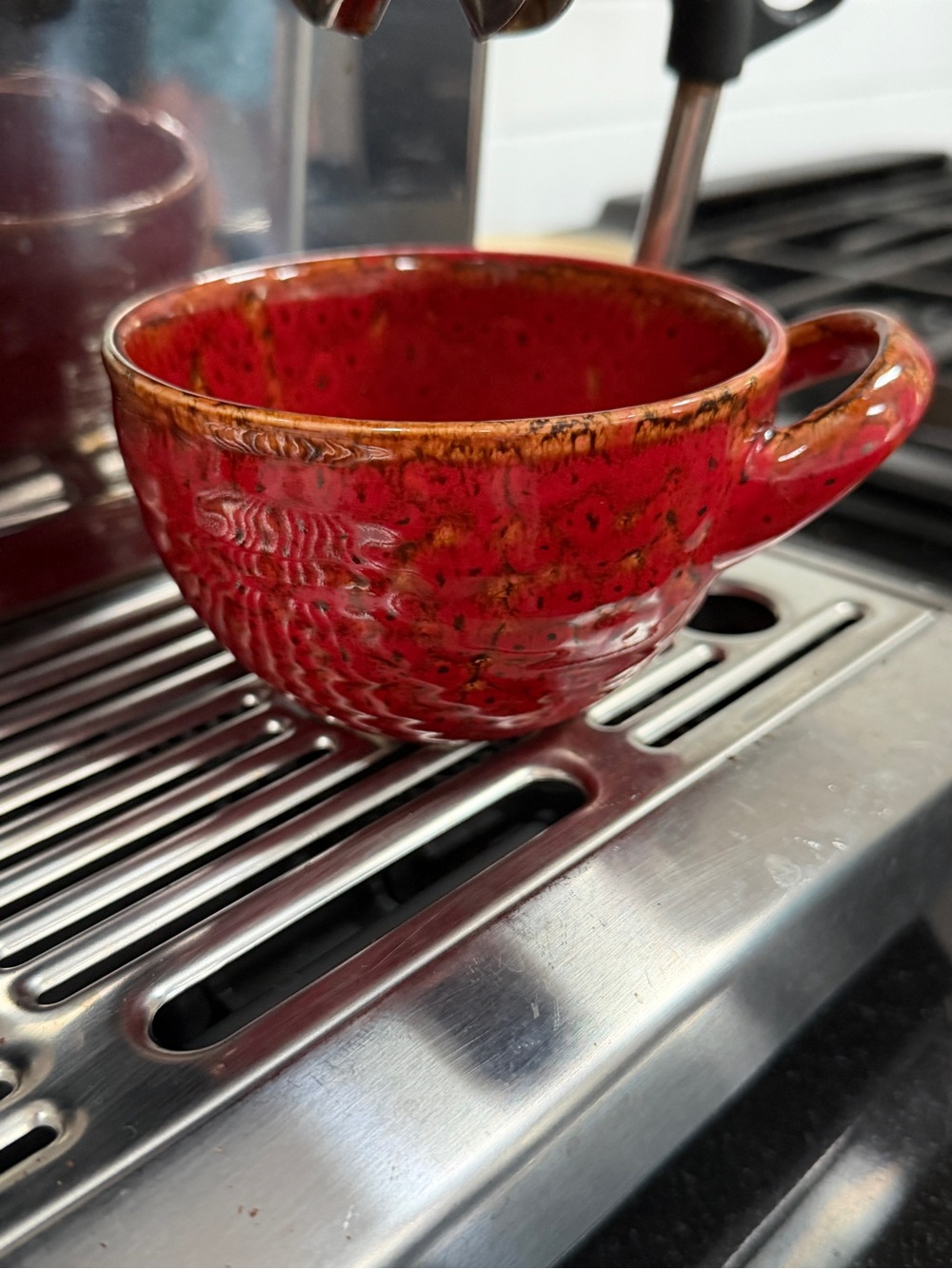 Starbucks Red Ceramic Hand-paintedCappuccino Cup with Brown Rim 2011 Collectible